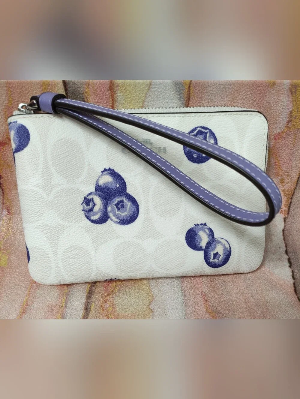 Coach Corner Zip CR817 Wristlet In Signature Canvas With Blueberry Print